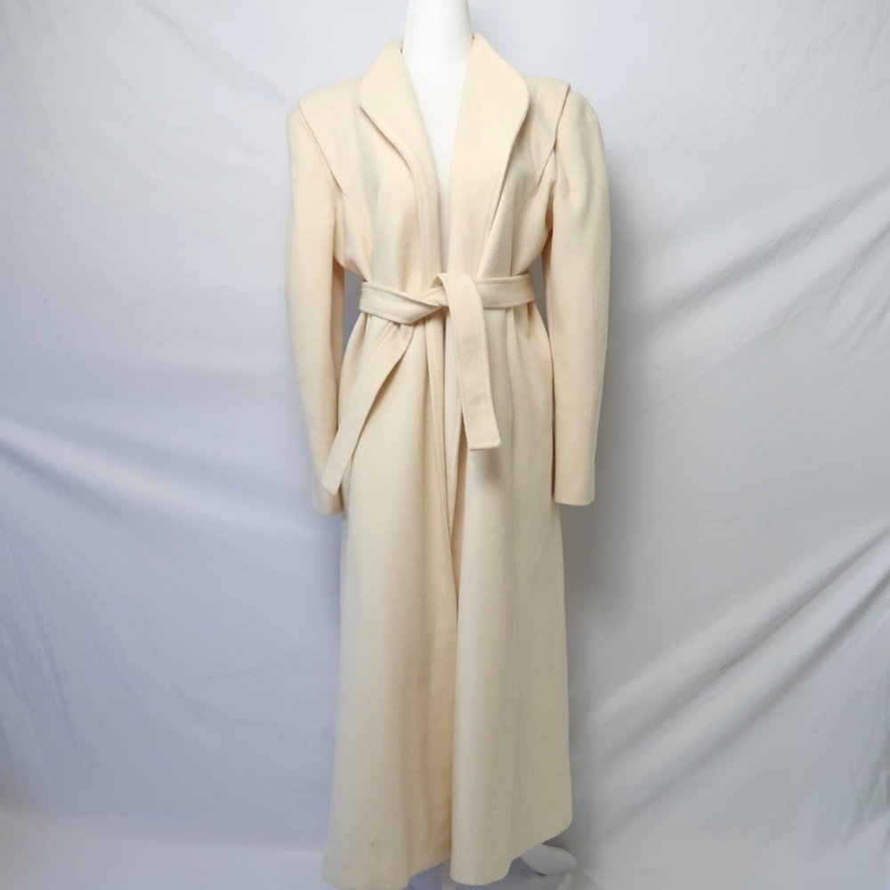 Vintage 80s Portrait Cream Wool Tie Front Long Swing Coat Large